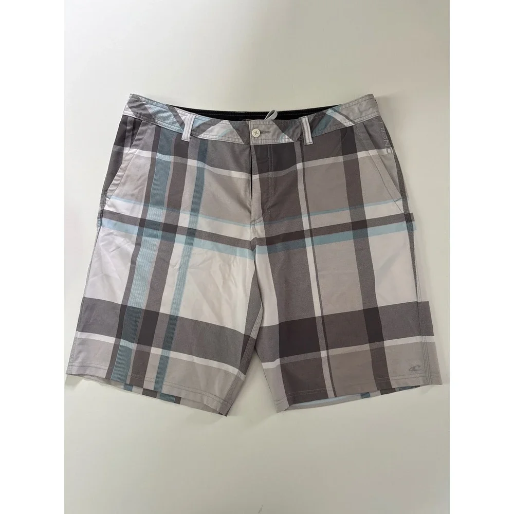 ONeill Hybrid Board Shorts Mens Grey Blue Plaid Swim Trunks 12106508P